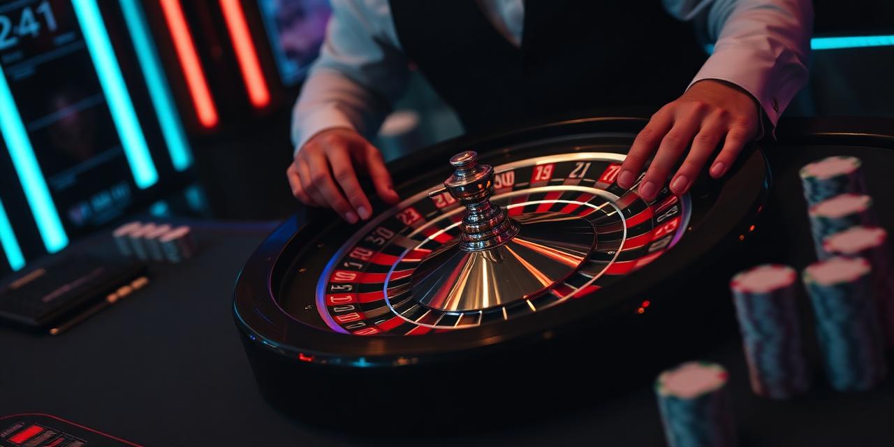 Croupier draait een live roulette wiel met chips op tafel